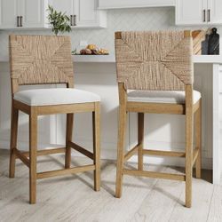 Nathan James Beacon Bohemian Boucle Bar Stool, Upholstered Counter Height Chair with Solid Wood Frame and Woven Seagrass Back for Kitchen Island, Ligh