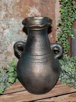 Large Dark Moody Teal Gold & Black Pottery Vessel Vase