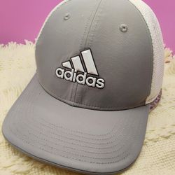 Adidas Flexfit Trucker Hat L/XL White Gray Mesh Cap Stretch Fit Logo

