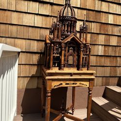 Vintage hand carved old mahogany wood bird cage
