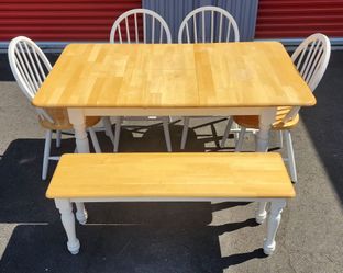 6 Piece Dining Table Chairs And Bench Farmhouse Two Tone With Built In Leaf