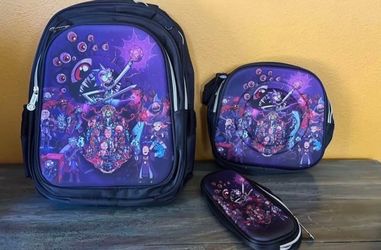 New 3 piece Rick and Morty backpack, lunch bag and pencil pouch. Nice quality!