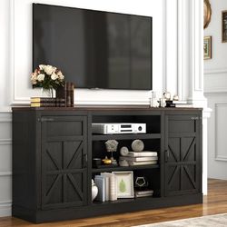 66" Farmhouse TV Stand with Power Outlets for 75 Inch TVs, 33" Tall Entertainment Center with Storage Cabinets w/Adjustable Shelves, Rustic Large TV M