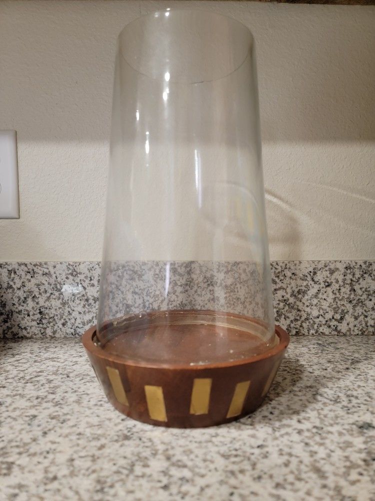 New Candle Holder Wood Gold Accents Glass Hurricane Vase
