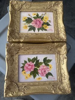 Set of 2 Collectible Handpainted Gold Ornate Frame Rose Camilla Artwork Paintings 11.5 x 9.5