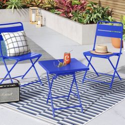 3 PCS Metal Slat Folding Table And Chairs Blue
