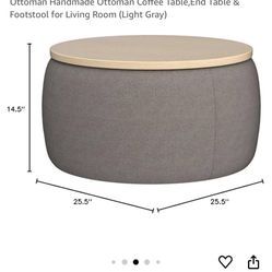 Modern Round Storage Ottoman with Wooden Lid,Circle Ottoman Handmade Ottoman Coffee Table,End Table & Footstool for Living Room (Light Gray)