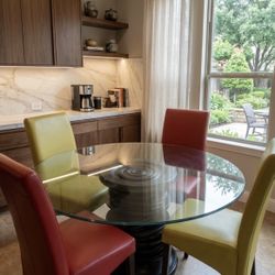 Large 60 inches Tara Home Nova Pedestal Round Glass Top Dining Table with 4 upholstery chairs