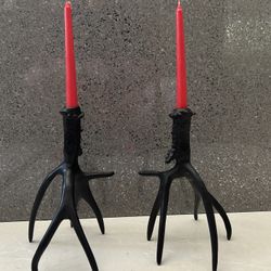Two Cast Iron Deer Antler candle holders with two red color candles