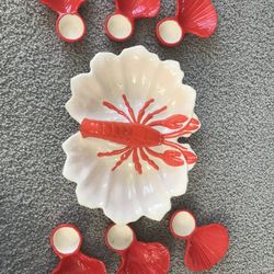 Lobster ceramic serving dish with 6 clam servers