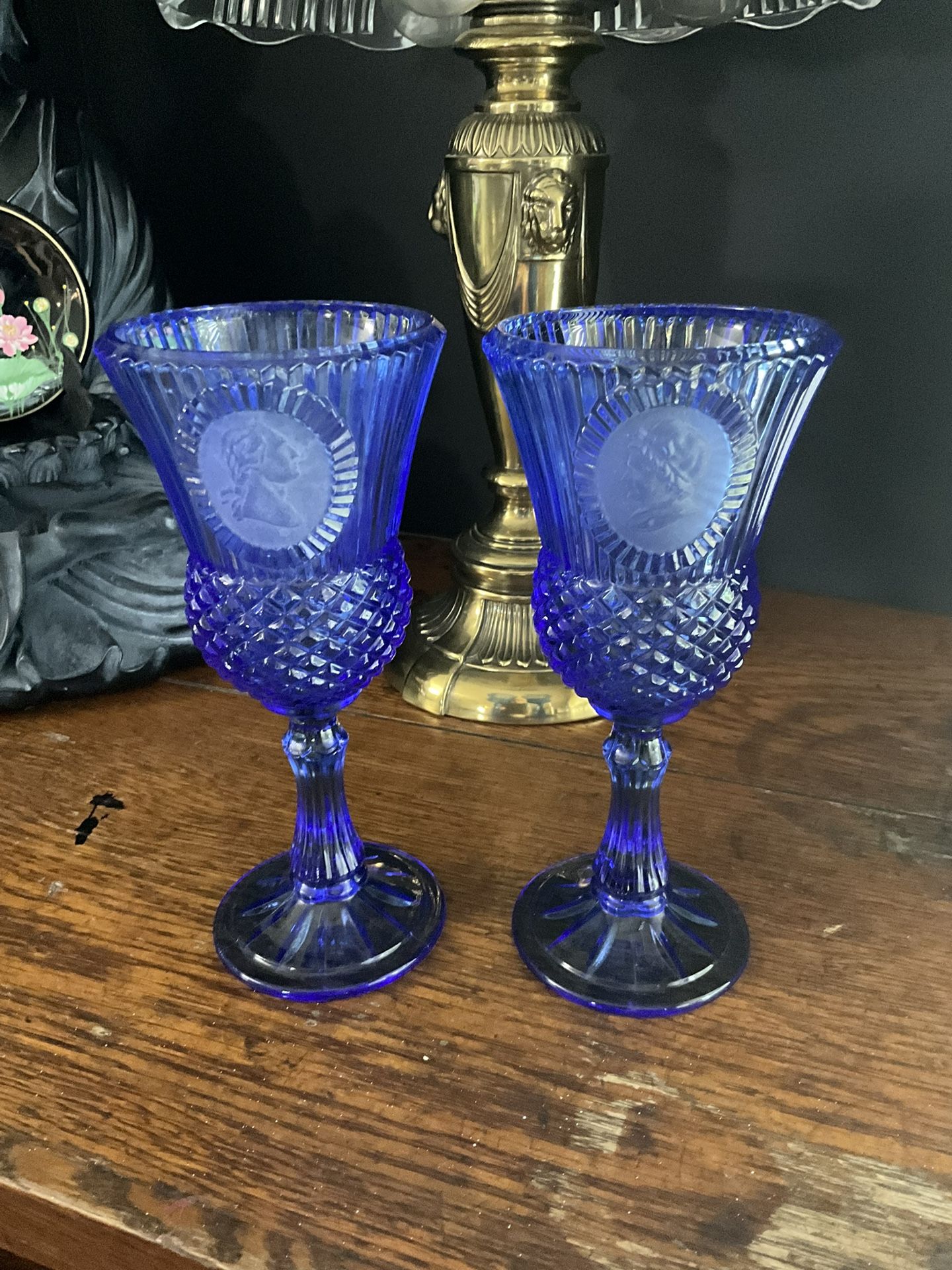 2 Bicentennial 1976 Avon Fostoria Cobalt Blue George & Martha Washington Goblets