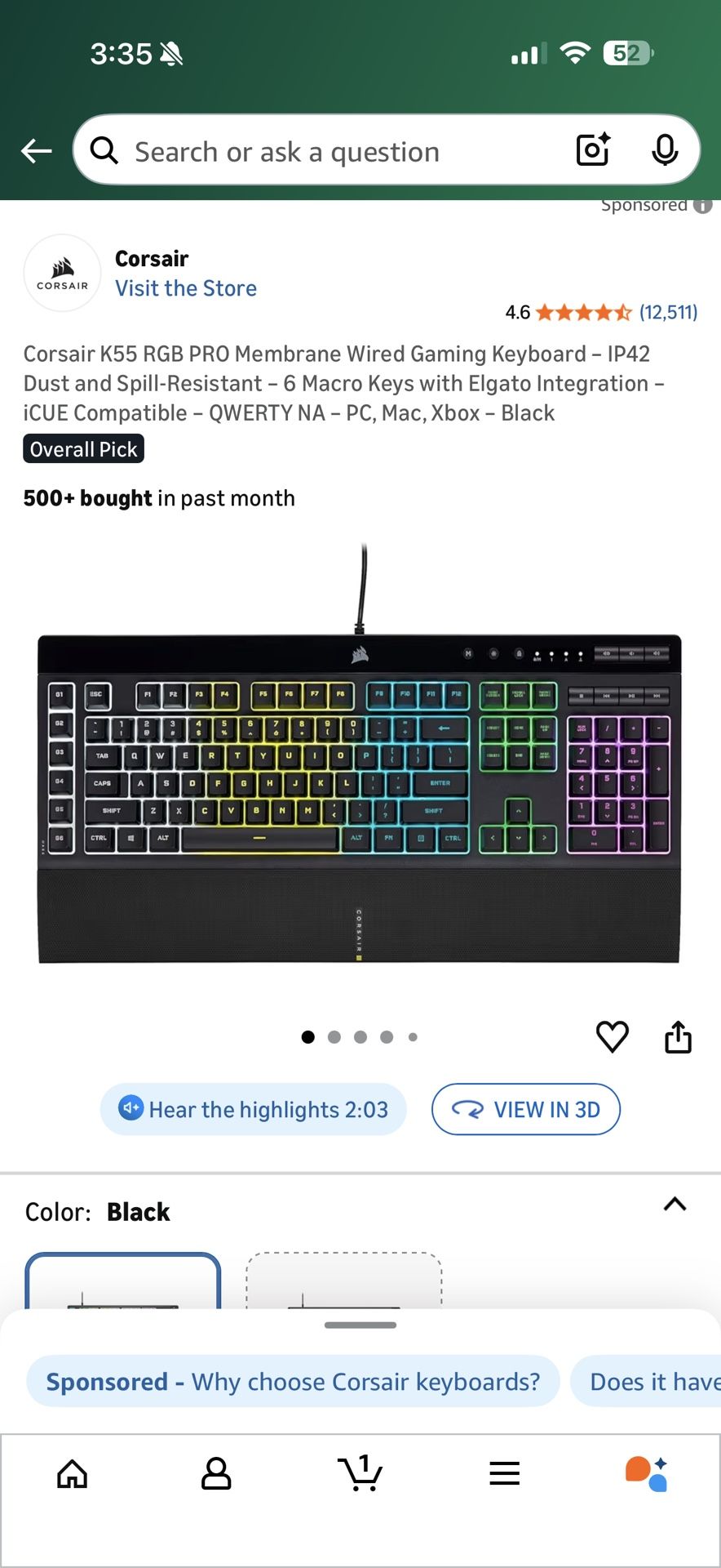 Corsair K55 RGB PRO Membrane Wired Gaming Keyboard