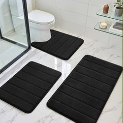 New Black Memory Foam Bathroom Rug Set 3 Piece, Non Slip Extra Soft Absorbent Washable & Dry Toilet Bath Mat Sets