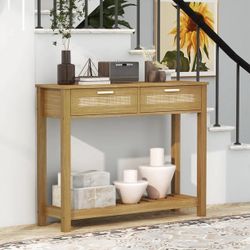 Rattan Entryway Table with 2 Drawers and Storage Open Bookshelf