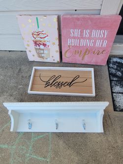 Pink wall decor, wood shelf