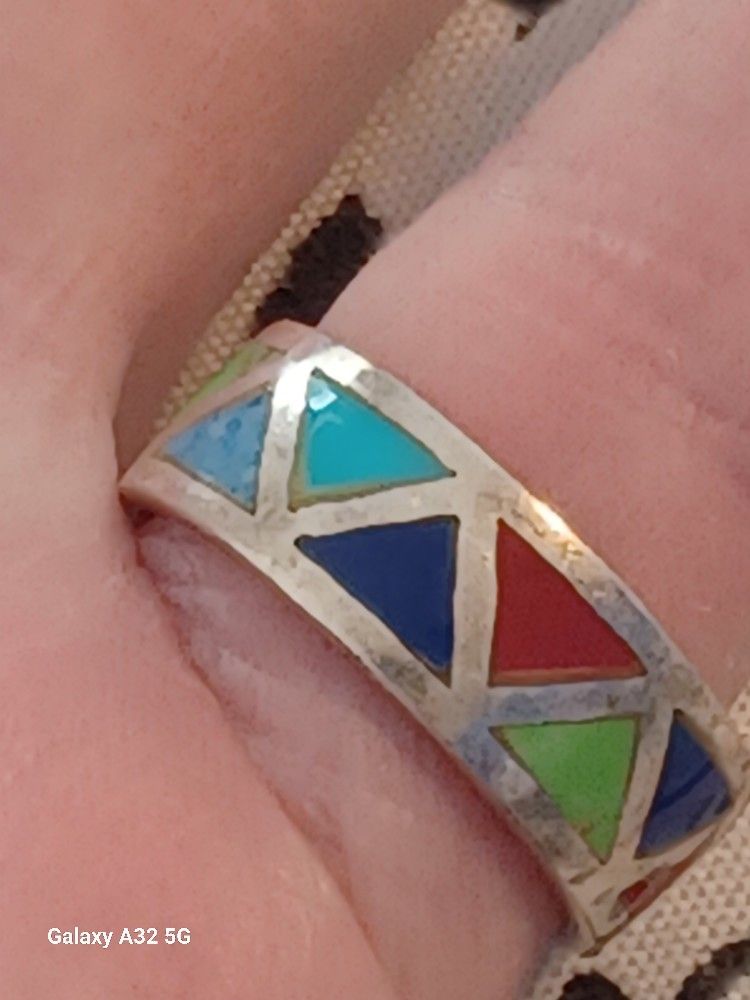 Sz6- Vintage Sterling Silver Inlaid Turquoise, Coral,Lapis Band Ring