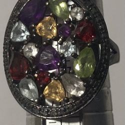 Vintage Sterling Silver Ring Rainbow Color Stones Size 6 
