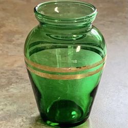 VINTAGE Small Green Glass Vase w/Gold Trim