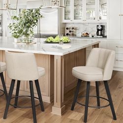 LUE BONA 360-degree Swivel Bar Stools Set of 2, 26" Counter Height Bar Stools with High Back and Wood Legs, Morden Faux Leather Upholstered Barstools,