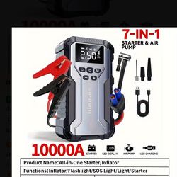 10000A 7-in-1 Multi-functional Emergency Start Power Supply with Air Pump, 150PSL Portable Car Battery Starter, Digital Tire Inflator, Suitable for 2.