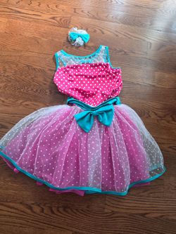 Girls Pink Polka Dot Dance Costume Tutu Dress  Teal Bow & Hair Clip Size XL