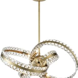 🥨KNOT 19″ 6-LIGHT, ORBITAL CRYSTAL PENDANT IN AGED BRASS 6-Light 19" Orbital Pendant Light with 3 Banded Clear Square Crystal Rings around Center Age