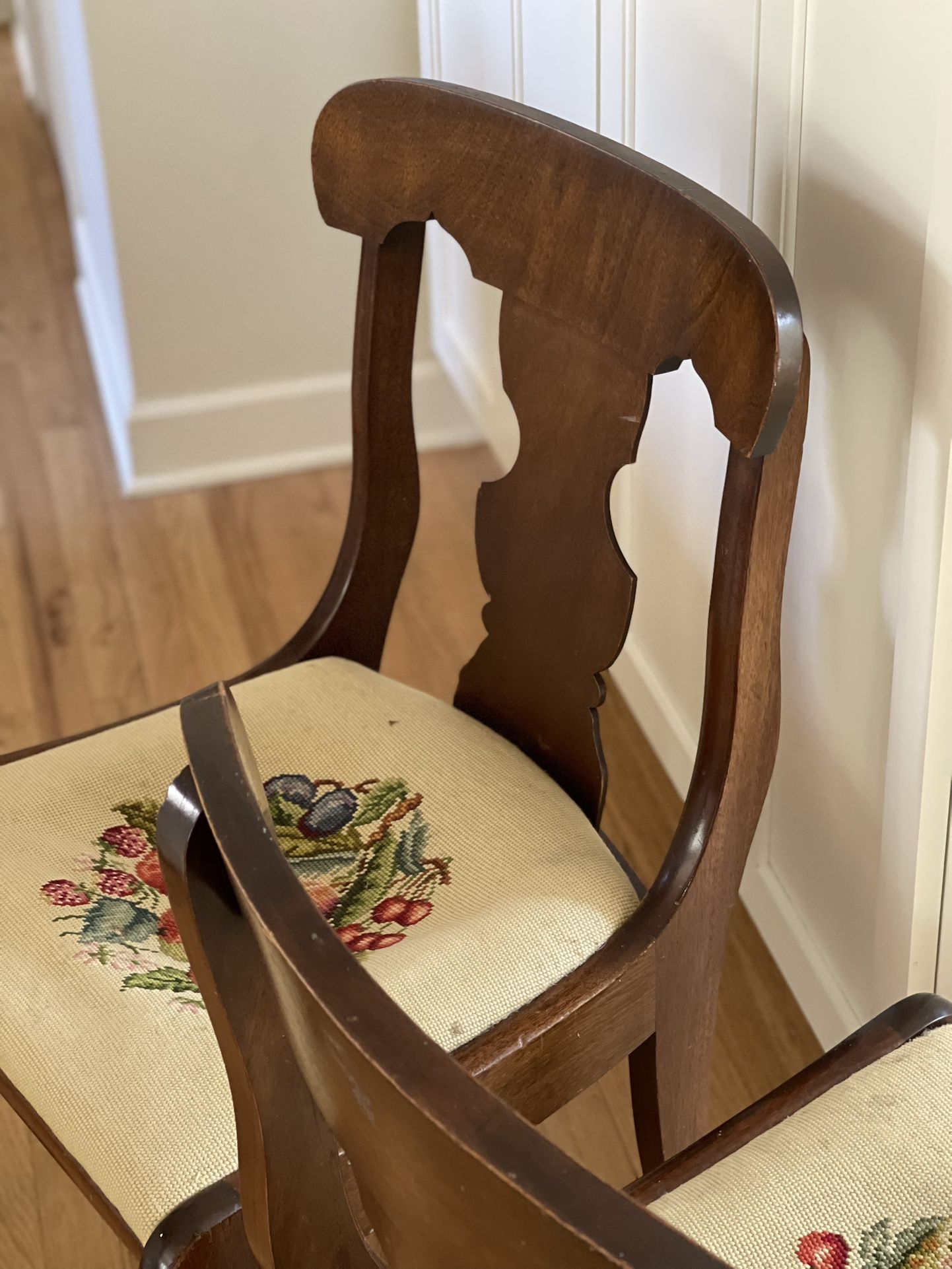 Best Offer…Pair of Antique Empire Fiddle Back Chairs, Original Needlepoint