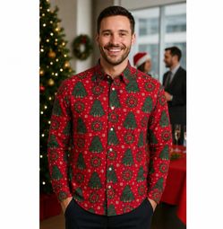 Suitmeister Men's Christmas Tree Button Down Shirt Size M
