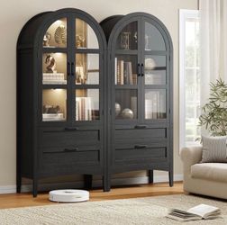 2pcs 71" Arched Display Kitchen Pantry Cabinet with LED & 2 Drawer, black,Farmhouse 71" Tall Arched Display Storage Cabinets with Adjustable Feet, Pan