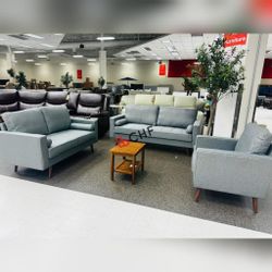 3 Pc Mid Century  Linen Stationary Tufted Seat Living Room Set w/ Cylinder Throw Pillows (Sofa +Loveseat +Chair)