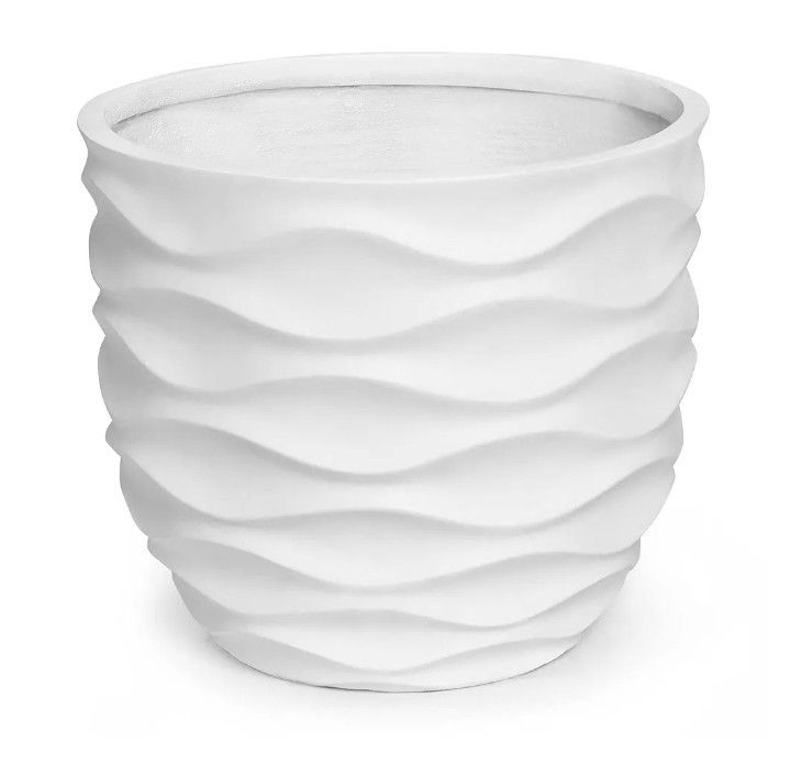 LuxenHome 11.6" White MgO Waves Design Round Planter
