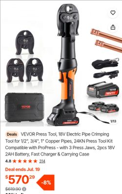VEVOR Press Tool, 18V Electric Pipe Crimping Tool for 1/2", 3/4", 1" Copper Pipes, 24KN Press Tool Kit Compatible with ProPress - with 3 Press Jaws, 2