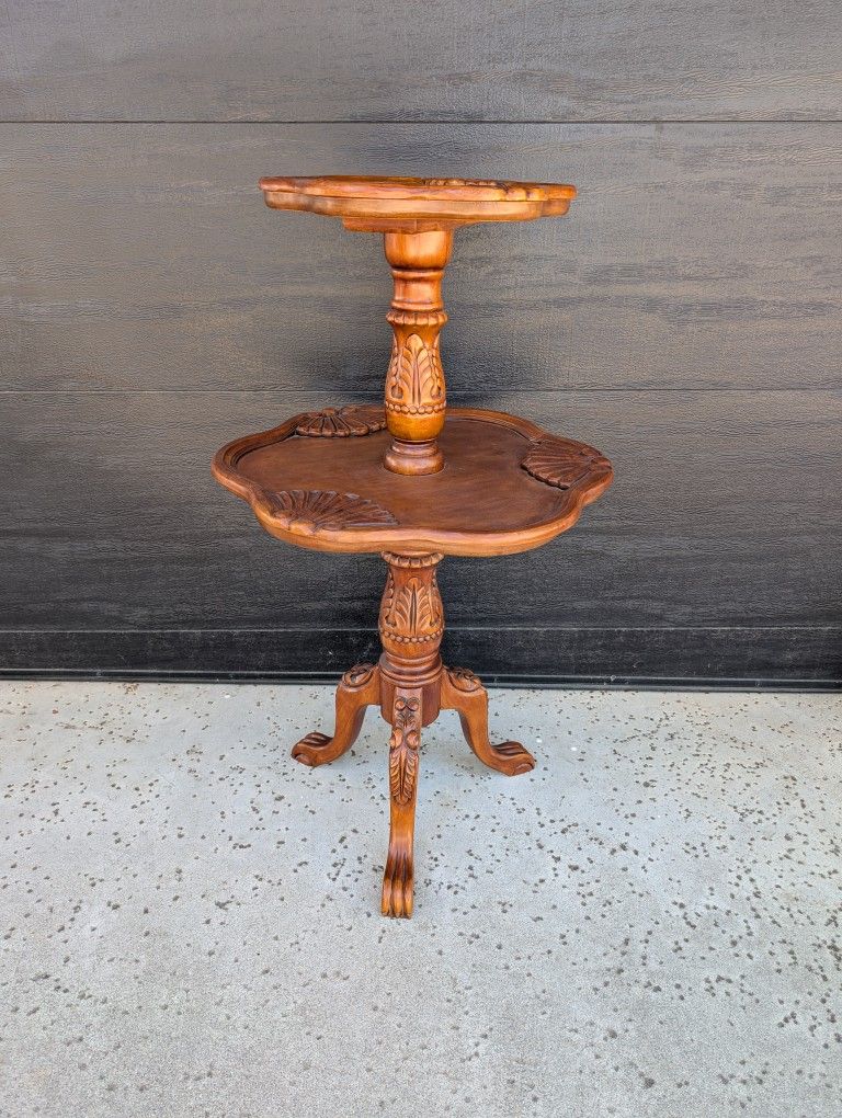 Beautiful Two-Tiered Solid Wood Carved Mahogany Dumbwaiter Table