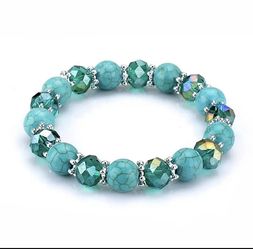 Handmade Stone Beaded Turquoise Crystal Stretch Bracelet Round