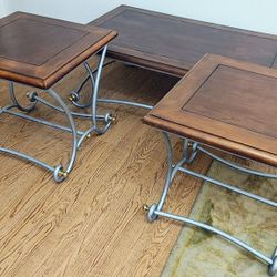 Brown Silver Metallic Heavy Sturdy Metal Rectangular Coffee Table + Pair Square End Side Tables Set