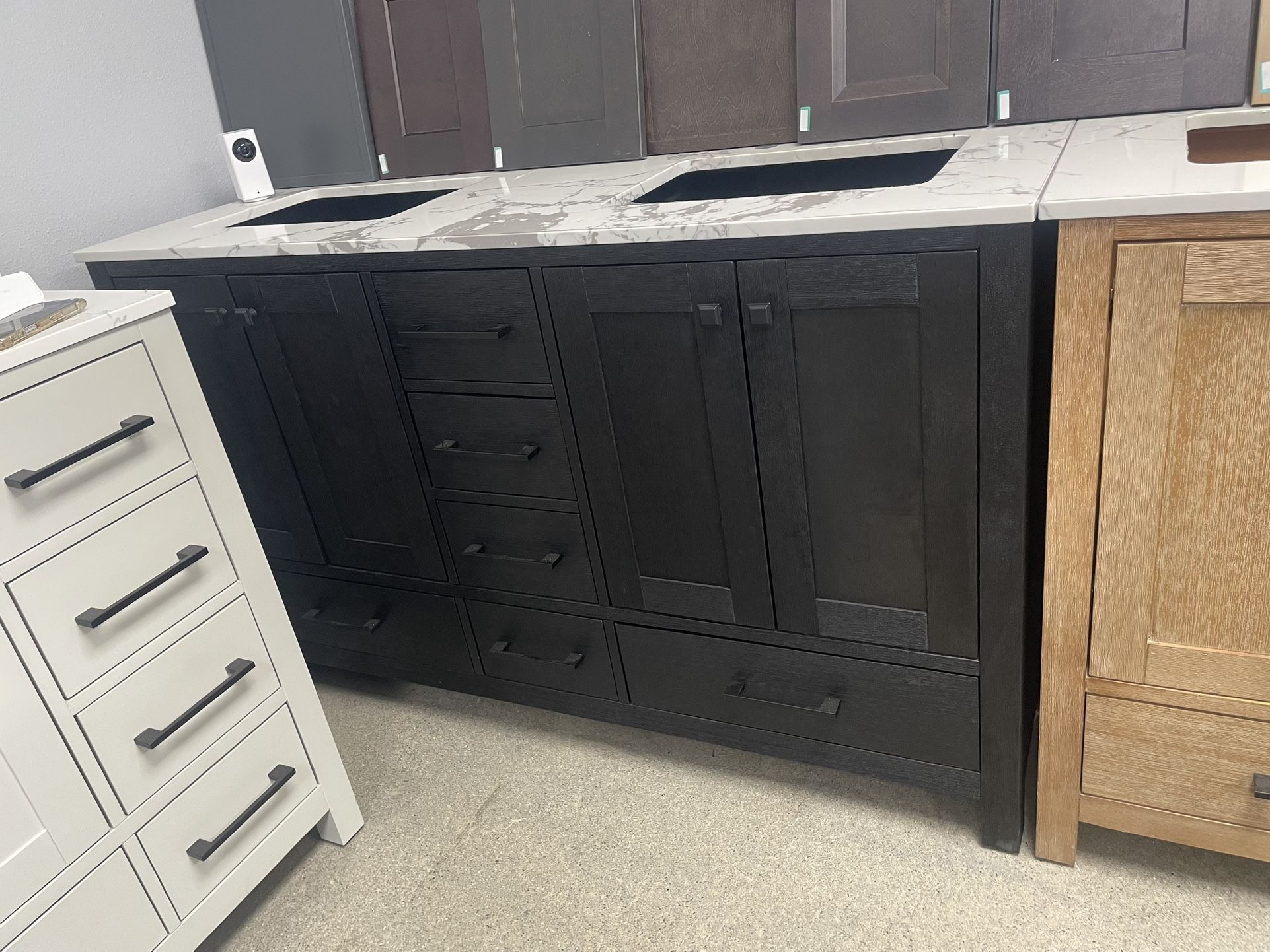 Bathroom vanity cabinet 60” solid mango Quartz top with sinks and backsplash