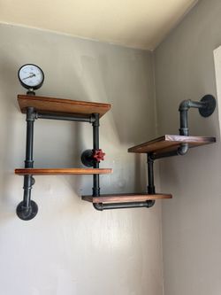 Industrial Pipe Shelving Unit – Solid Wood – Steampunk / Loft Style