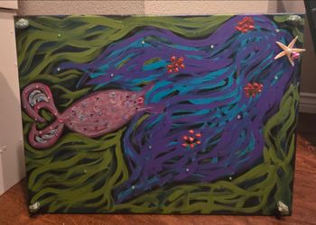 Original Ocean / Mermaid Multimedia Canvas Painting – Acrylic, Starfish & Crystals