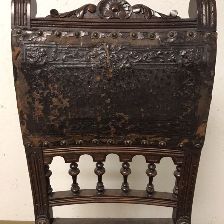 Antique Leather And Wood Chair