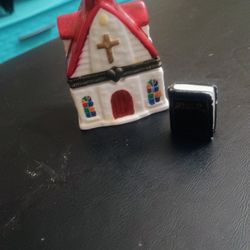 Church Chapel Trinket Box With Mini Hinge Which Is 3.5" Tall And A Additional Ceramic Piece Which Is A Bible