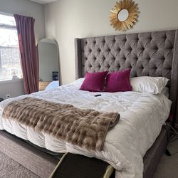 King Size Tufted Wingback Bed Frame – Upholstered Headboard