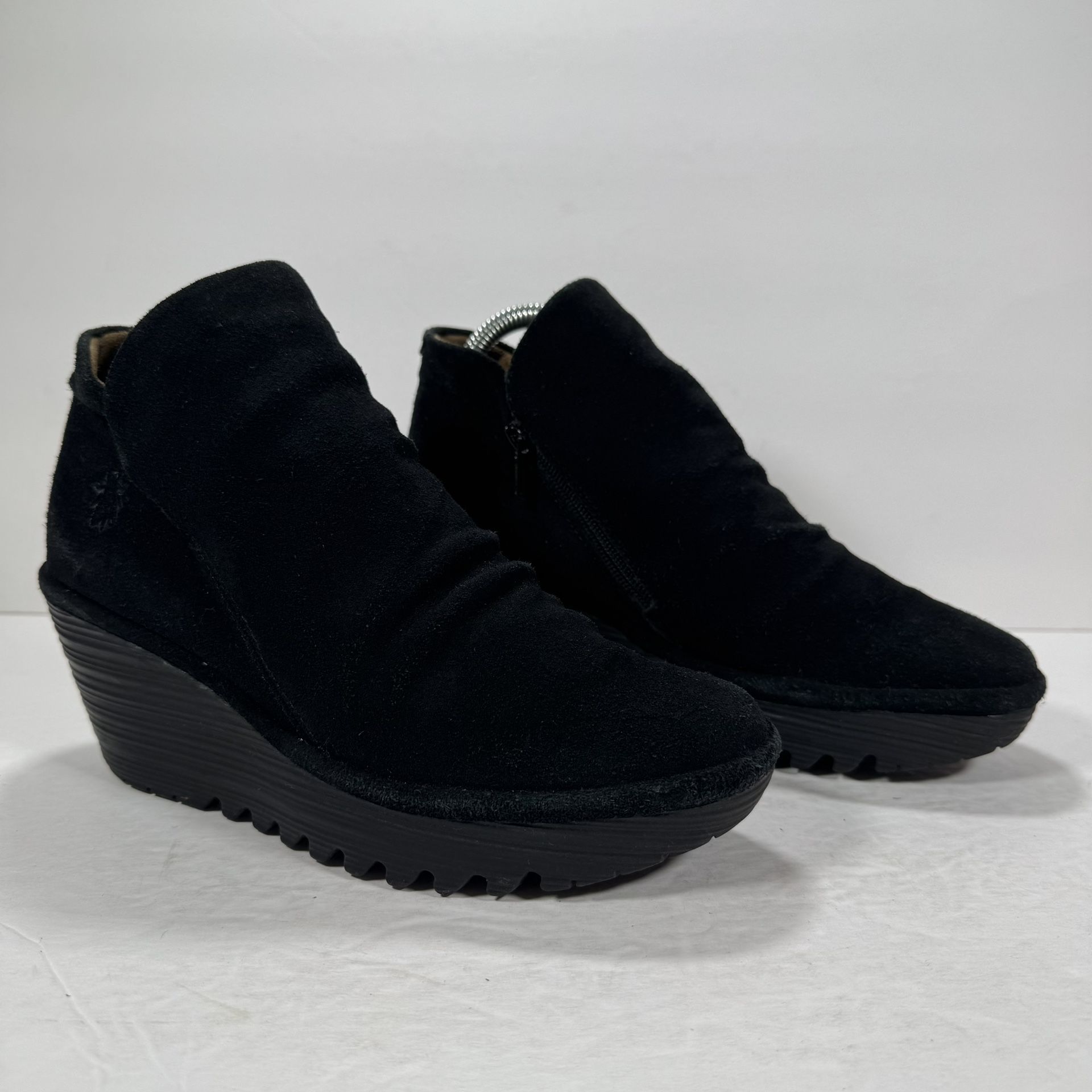 Fly London Yip Black Suede Wedge Ankle Boots Women Size 8