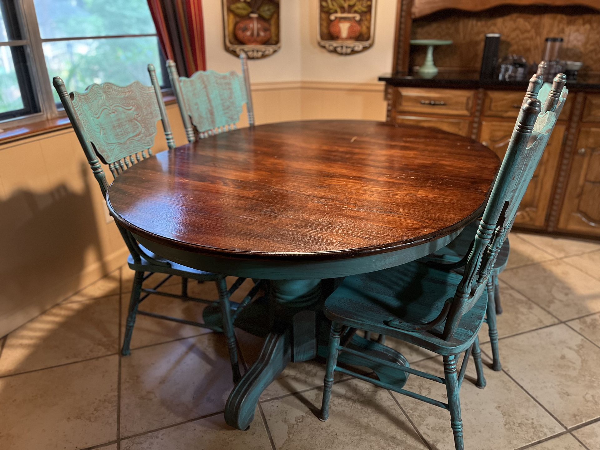 For Sale: Rustic Teal Table With Four Chairs