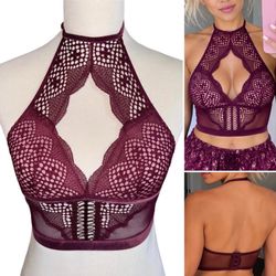 Victoria’s Secret Very Sexy Lace Halter Bralette XS/XP Burgundy Mesh Lingerie