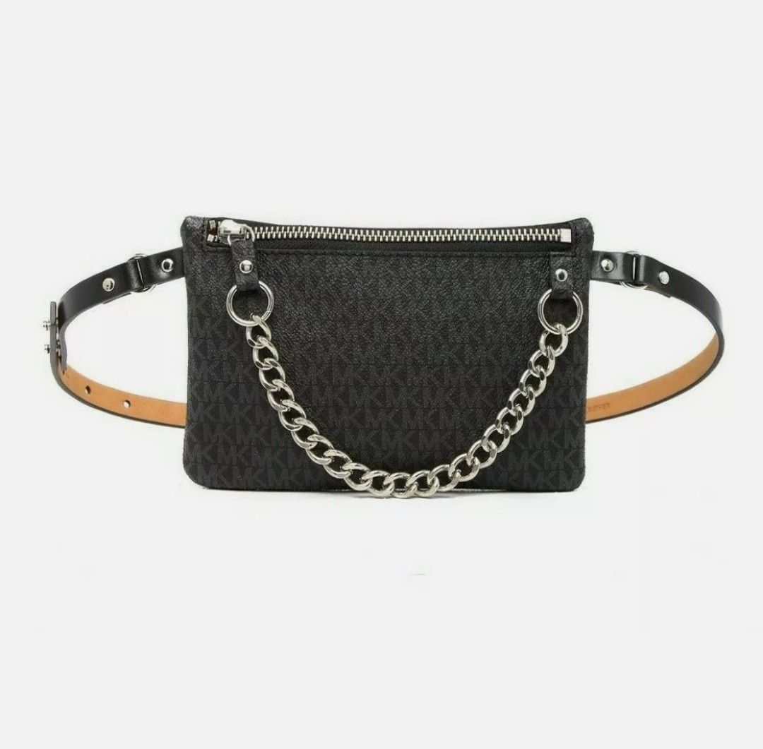 MICHAEL KORS MK Black Fanny Pack Logo Belt Wallet Waist Bag W/ Chain