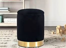 Round Storage Ottoman Upholstered Velvet Vanity Ottoman Stool with Gold Trim Small Modern Footrest for Living Room Bedroom (Black)