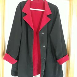 2X size women's clothing  - Gallery Women's fall/spring jacket,  reversible  black/burgundy. Two Blue tops. Black  and white top.   Black dress.
