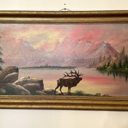 Vintage Mountain Lake Elk Oil Painting on Board – Large Framed Landscape Art
