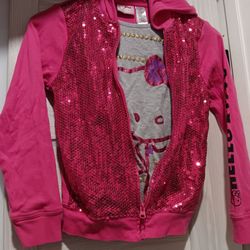 HELLO KITTY❣️ Girl's 10/12 Longsleeve Zip Up Hoodie Jacket! Pink Sequin Sparkle 