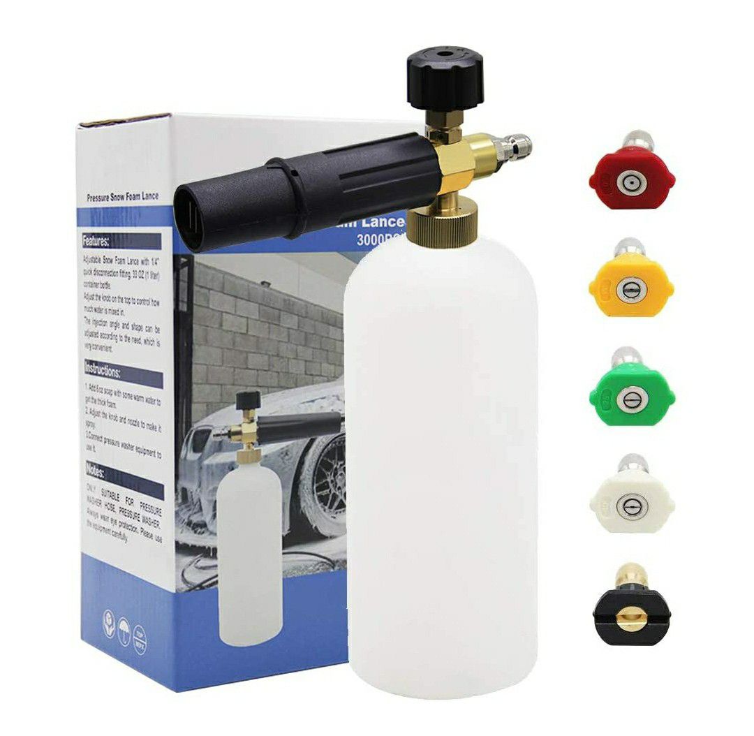 Foam Cannon 1 L Bottle Snow Foam Lance with 1/4" Quick Connector, 5 Nozzle Tips for Pressure Washer